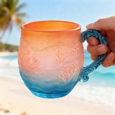 Ozean Sonnenuntergang Glasbecher Meer-inspirierte Kaffeetasse mit Wellenhenkel Farbverlauf Teetasse für heiße kalte Getränke