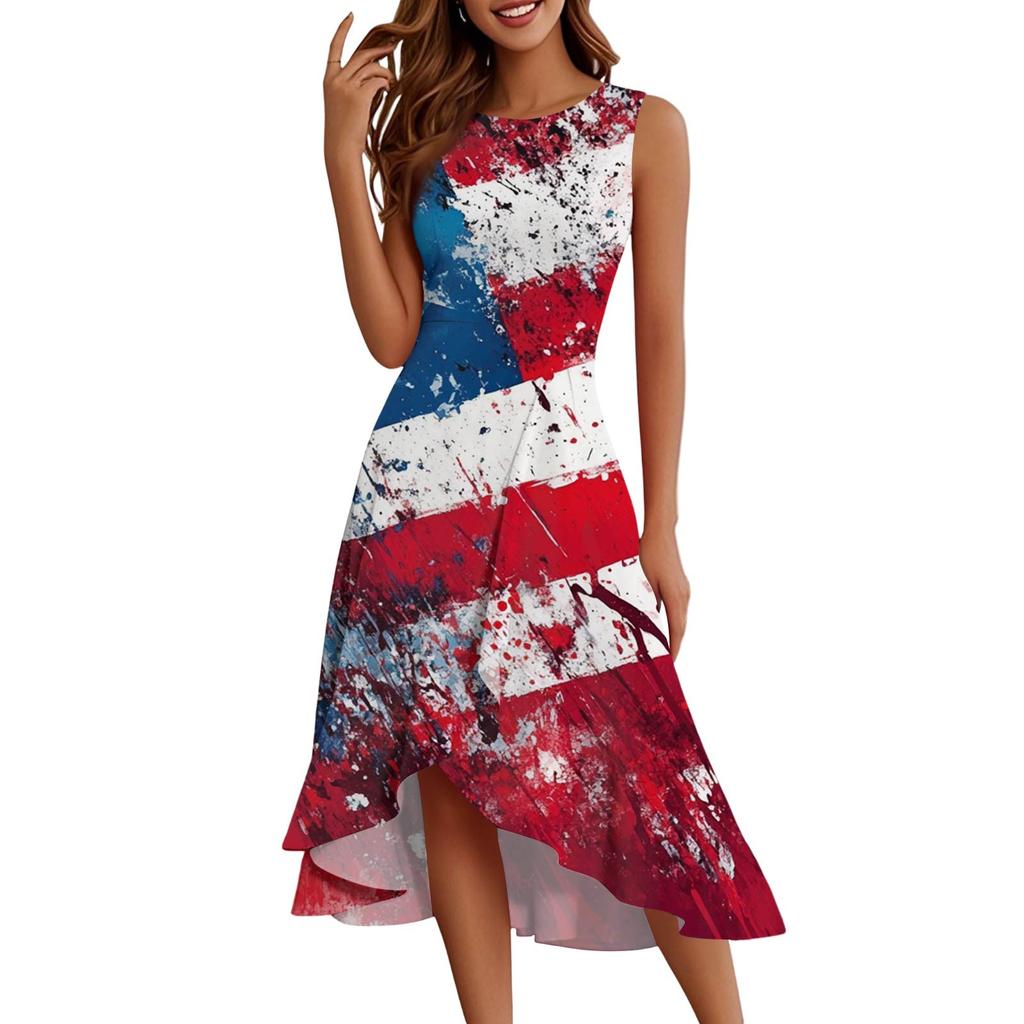 Women's Fashion Casual Zip Sleeveless Round Neck Independence Day Printed Elegant Temperament Ruffles Dress Dresses