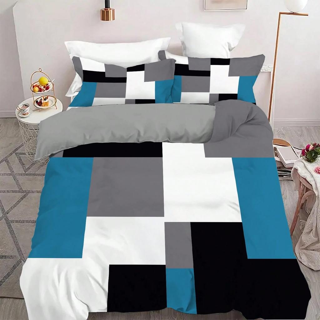 3pcs Blue Black And Gray Plaid Pattern Duvet Cover Set Simple Style Fashionable Pattern Room Decor Single Twin Queen King Size