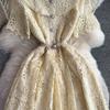 Elegant Pearl Chain Diamon Luxury Embroidery Lace Prom Evening Dresses Women Summer Short Sleeve Hollow Out Midi Long Dress