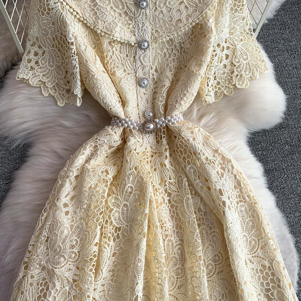 Elegant Pearl Chain Diamon Luxury Embroidery Lace Prom Evening Dresses Women Summer Short Sleeve Hollow Out Midi Long Dress