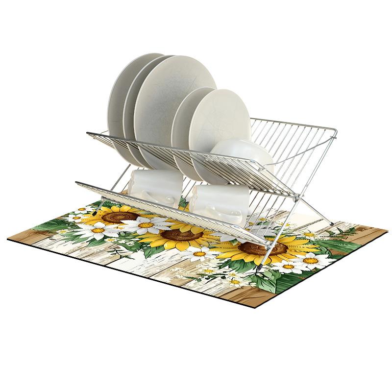1Pcs Rubber Drying Mat With Sunflower For Coffee Shop Restaurant Kitchen Carpet Tableware Durable Diatom Mud Table Mat Pet Mat