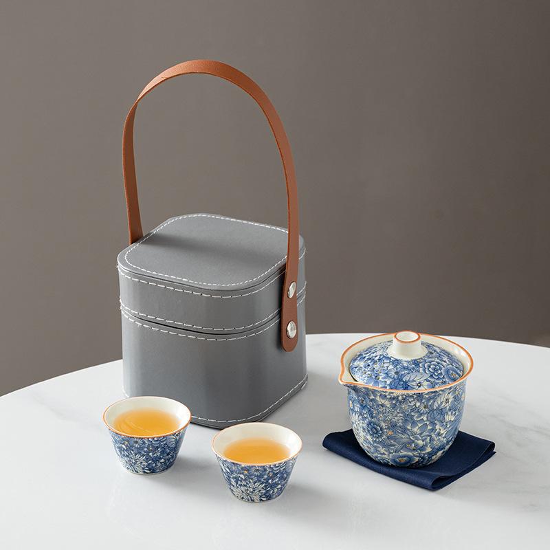 Ru Kiln Flower Travel Tea Set Business Gifts Travel Tea Set Kuaike Cup One Pot Three Cups Portable Cover Bowl Small Set