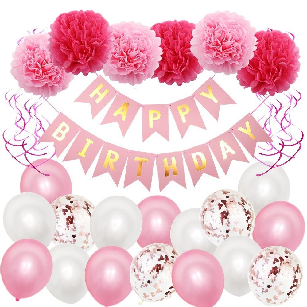 Pink Birthday Flag Hanging Birthday Balloon Fish Tail Hot Gold Flag White Pink Rose Paper Flower Ball Spiral Pendant