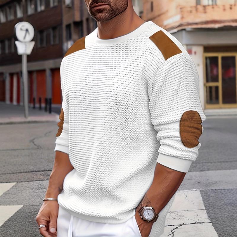 Men s Vintage Patchwork Knit Top Contrast Suede Elbow Patches Crew Neck S