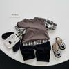 Kids' Plaid Color-Block T-Shirt~2025 Spring/Autumn Korean Mori Style Trendy for Boys & Girls