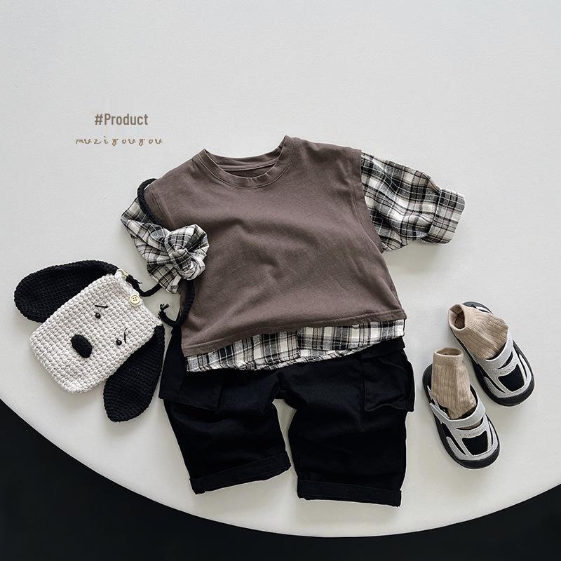 Kids' Plaid Color-Block T-Shirt~2025 Spring/Autumn Korean Mori Style Trendy for Boys & Girls