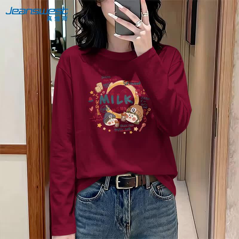 Jeanswest Women's "Romance of Milk Tea" Print Long Sleeve Pure Cotton T-Shirt