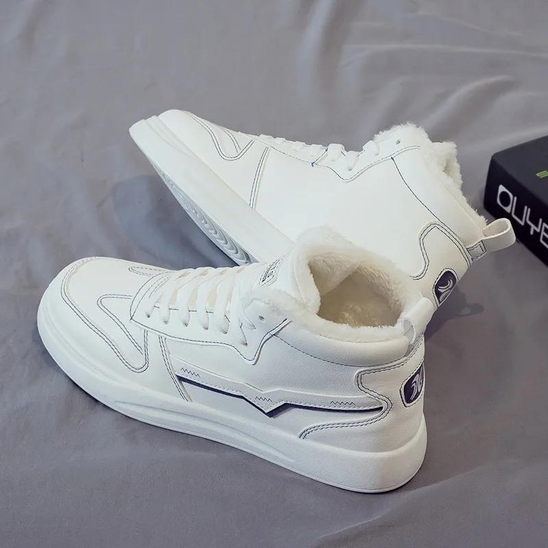 Mode Fell Herren Sneaker Plateau Schuhe Herren Lässige Plüsch Stiefeletten High Top Leder Fell Sneaker Herren Winter Schneestiefel Baumwollschuh