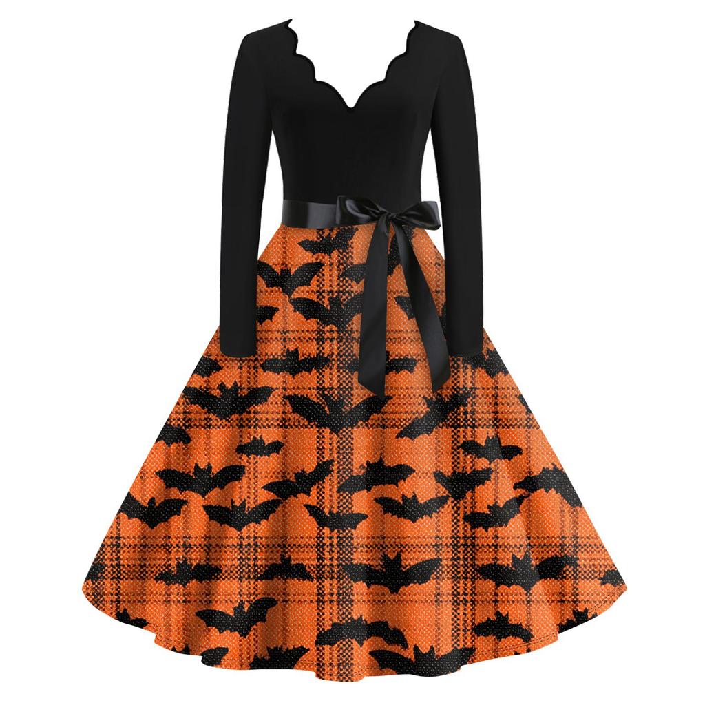 Damen Casual Fashion Langarm Halloween Grafik bedruckt Vintage Lange Kleider