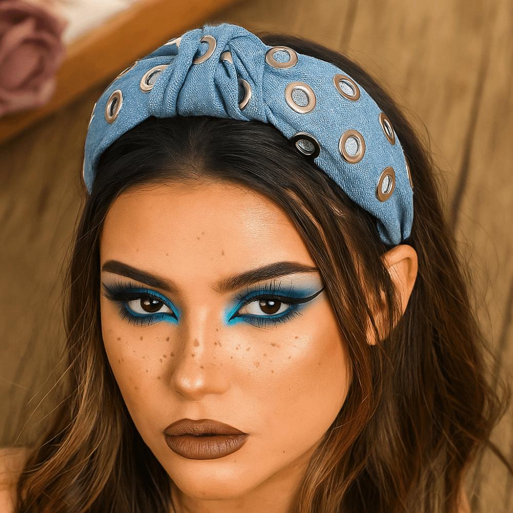 Y2K Denim Headband Wide Hollowed Out Eyelets Headband Hair Accessories Punk Hairband  Party