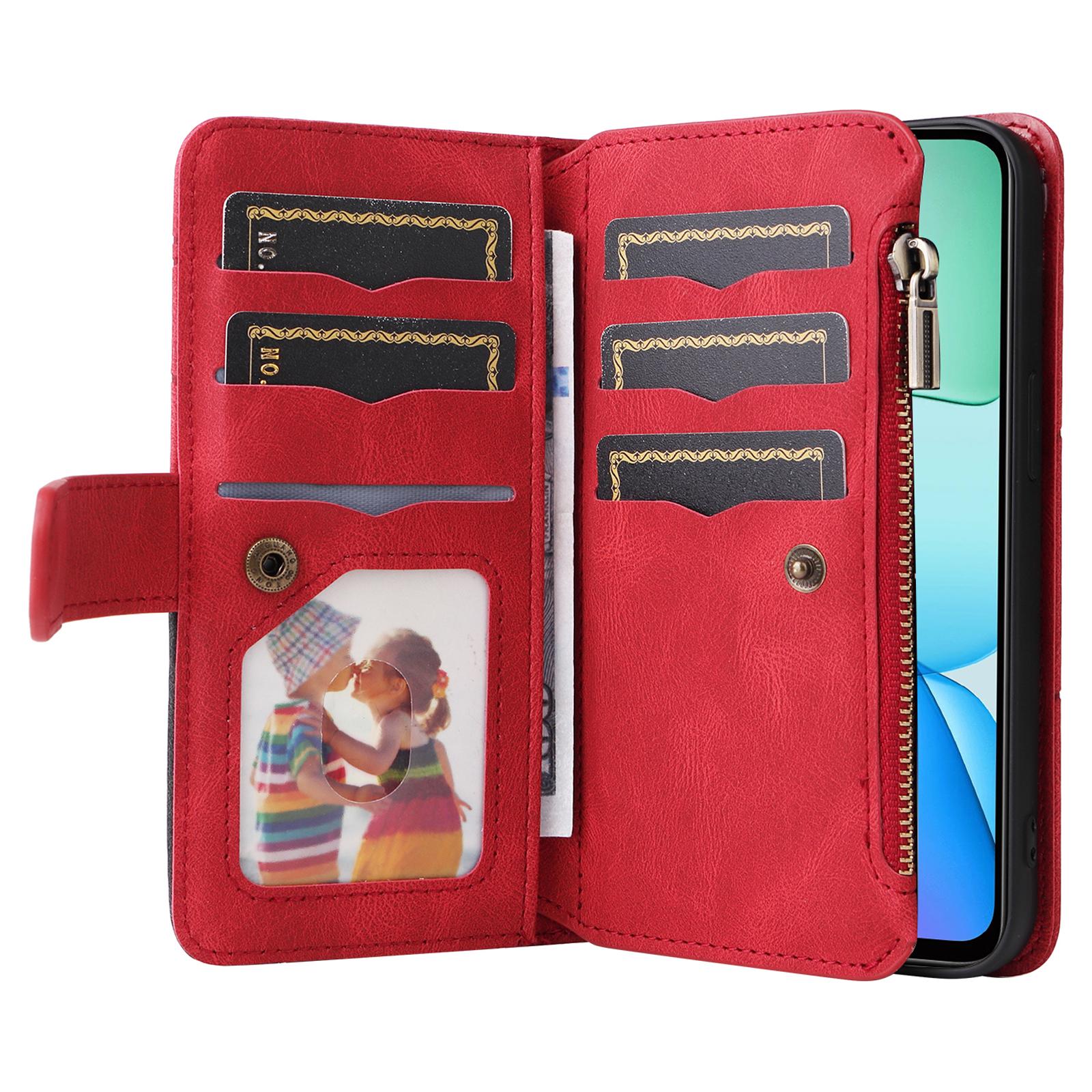 

For Xiaomi Redmi 13 5G/13 4G/Note 13R 5G Leather Case with Strap Zipper 9 Card Slot Phone Cover Stand Red