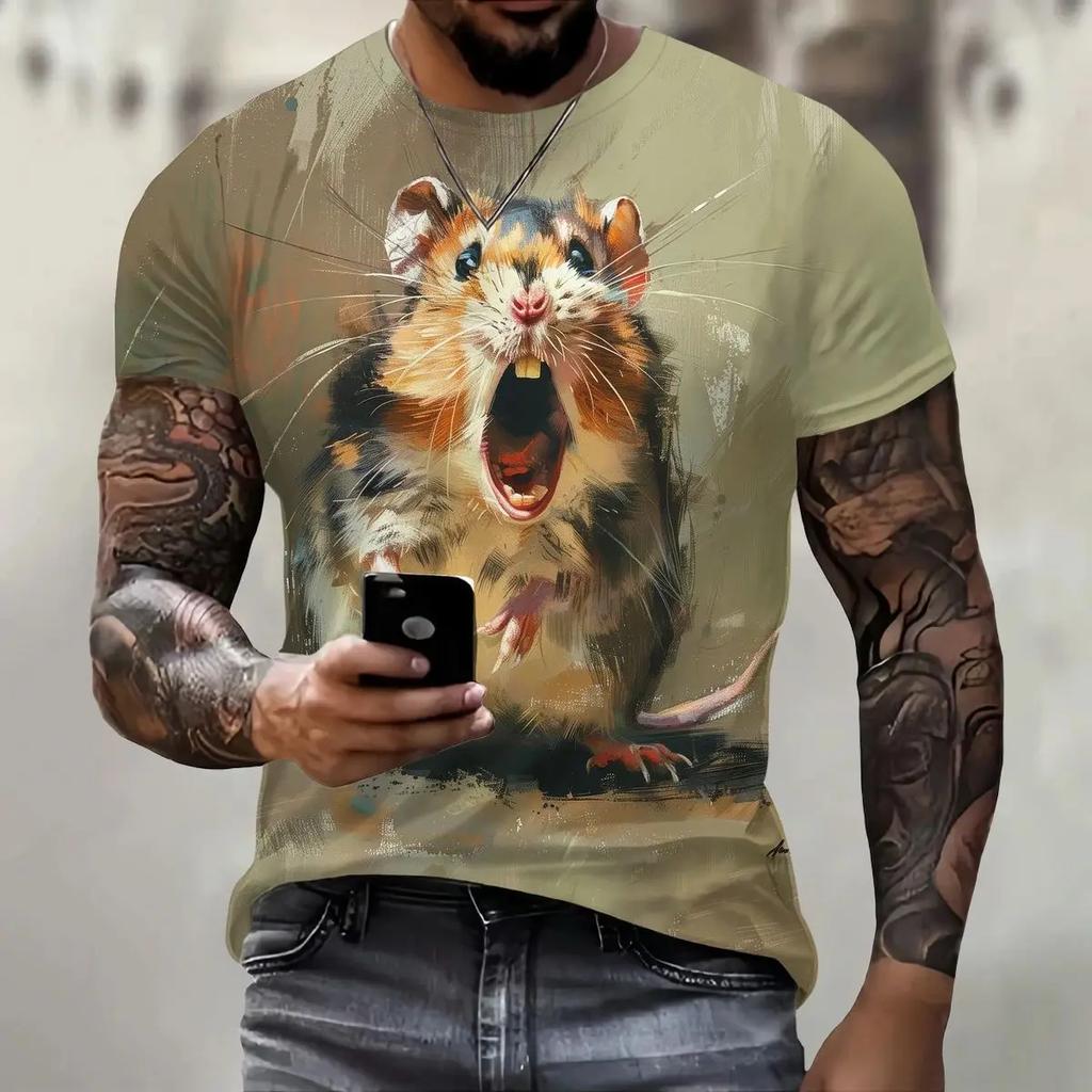 Summer Round Neck 3D Rodent Animal Print Top Fashionable Casual Short Sleeved Men's T-shirts