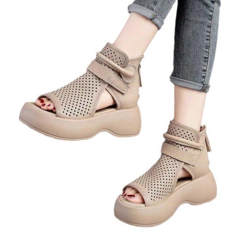New Plus-size Shoes with Fish-mouth Cutout Boots Thick-soled Wedge Heels and Breathable Cool Boots with Rear Zippers