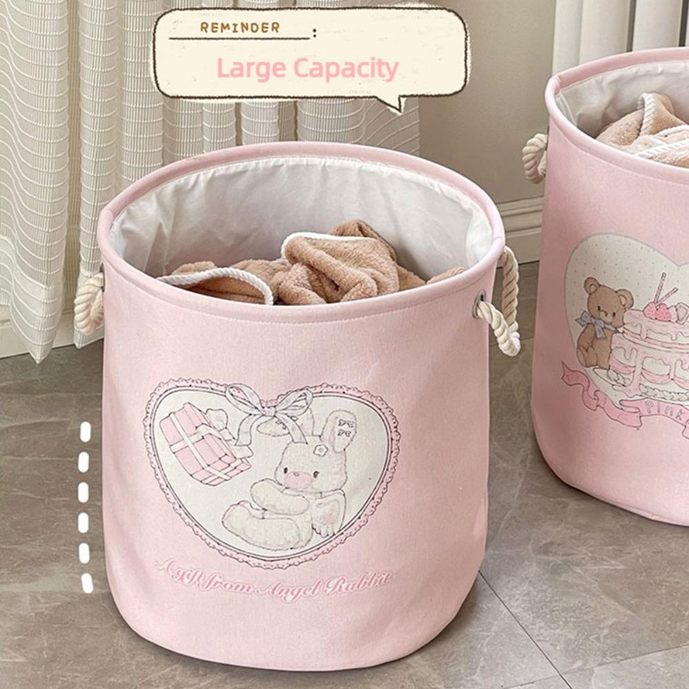 Cute with Handles Laundry Basket Cartoon Bear Rabbit Large Capacity Toys Storage Basket Round Foldable Clothes Basket Bedroom