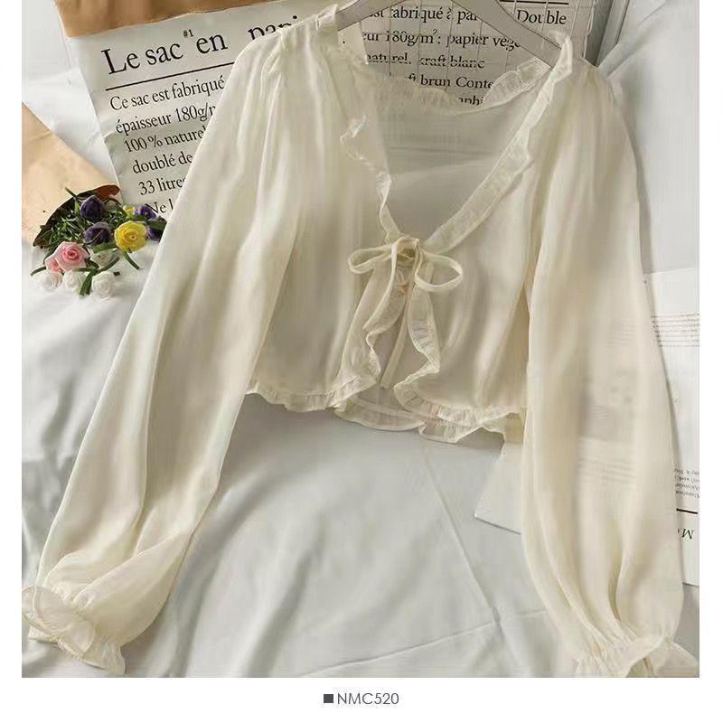 

Женский летний кардиган свободного кроя 2024 года с завязкой на ленту и оборками - Универсальный топ с длинным рукавом для защиты от солнца One Size абрикосовый