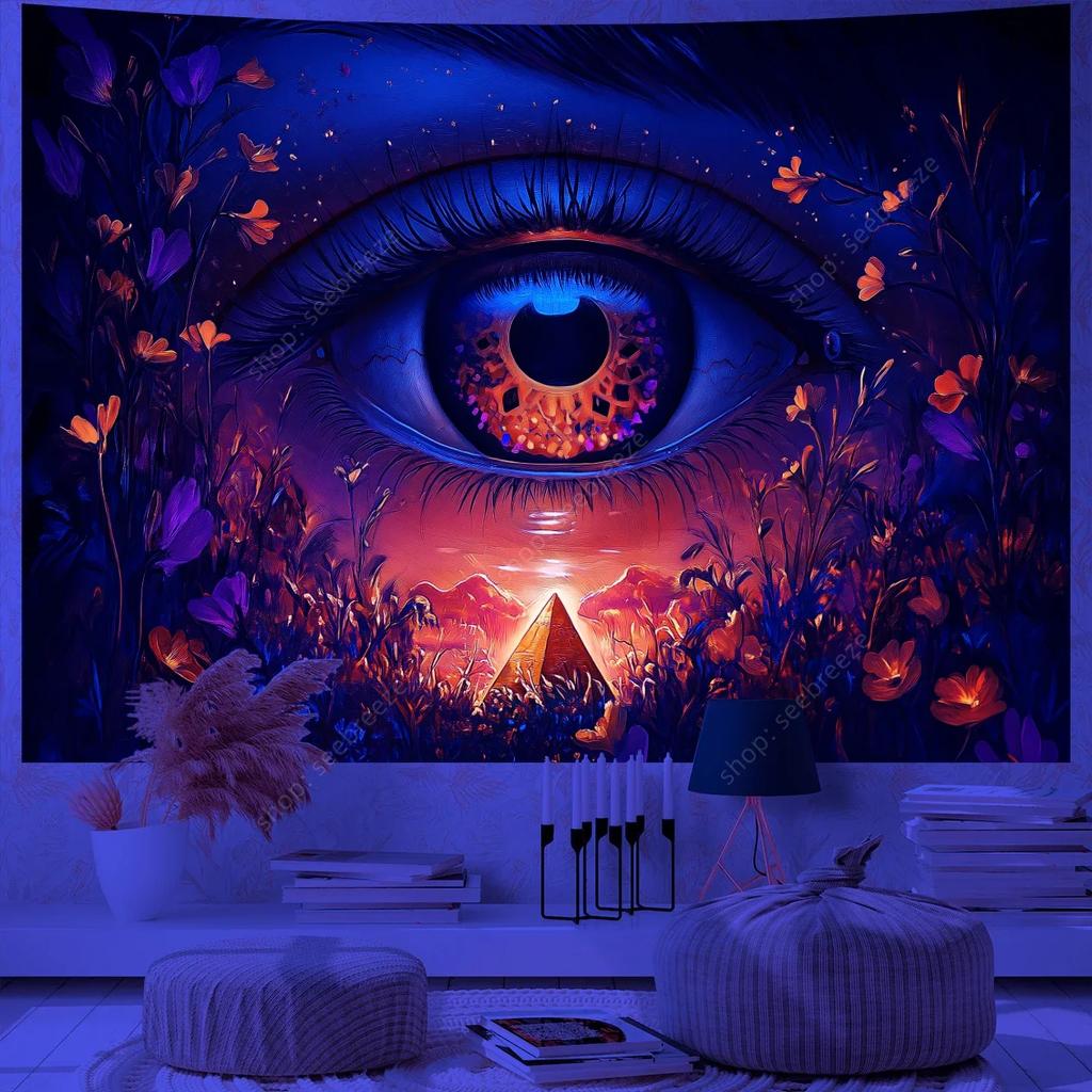 Psychedelic Eye of God UV Reactive Tapestry for Witchcraft Hippie Wall Hanging Bohemian Mandala Art Aesthetic Room Wall Decor