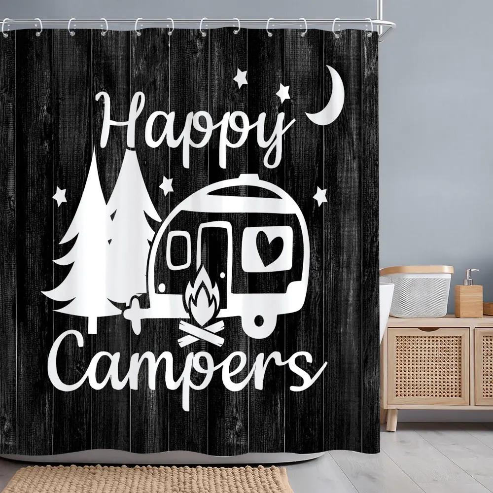 Camping Caravan Forest Shower Curtain Pleasant Camper Tent Campfire Polyester Printed Shower Curtains Bathroom Decor with Hooks