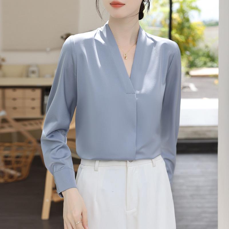 

Женская блузка из тяжелого тутового шелка с V-образным вырезом и длинным рукавом - Шикарный, стройнящий, высококлассный топ во французском стиле XXL синий