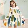 Girls Faux Fur Trim High Neck Long Sleeve Geometric Printed A Line Flared Dress