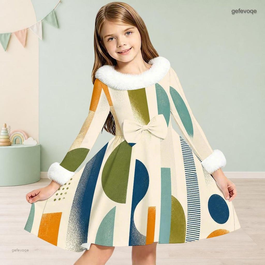 Girls Faux Fur Trim High Neck Long Sleeve Geometric Printed A Line Flared Dress