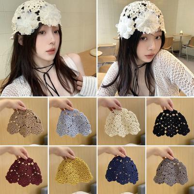 Flowers Knitted Hat Hollowed Out Skullies Hat Breathable Beret Cap  for Women