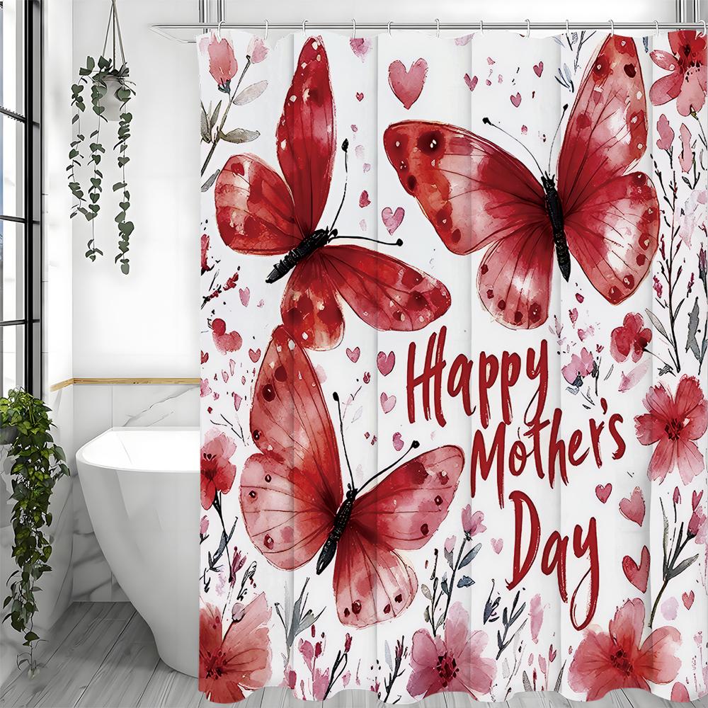 

Happy Mother s Day Red Butterfly Floral Shower Curtain, Bathroom Decorative Shower Curtain, Waterproof Shower Curtain with Hooks 90*180cm