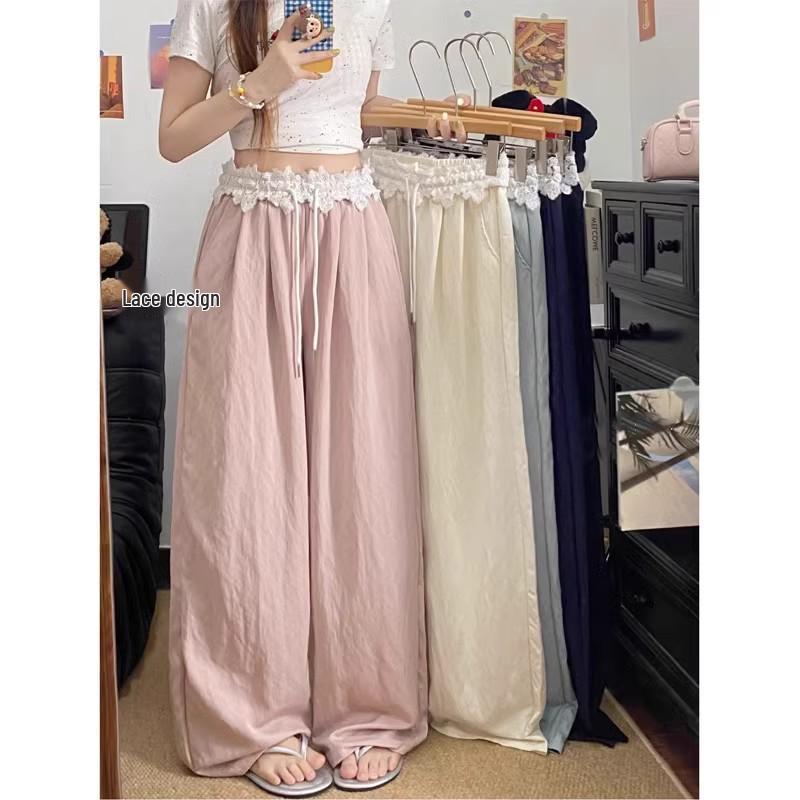 Women's 2025 Summer Lace Patchwork Ice Silk Wide-Leg High-Waist Pants