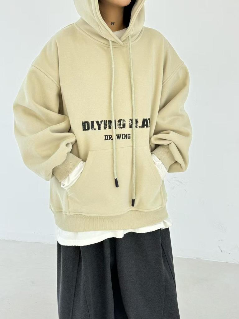 Becabeau Winter Korean-Style Loose Plus-Size Casual Letter Hooded Fleece Sweatshirt