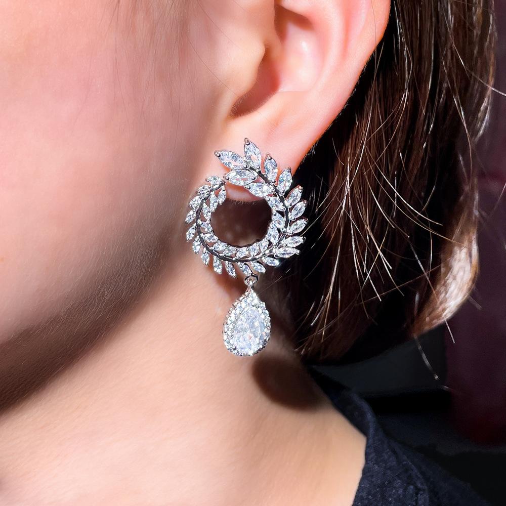 Leaves Full Of Diamonds Zircon Water Drop Stud Earrings Personalized Branches Swirling Wheat Ears Earrings
