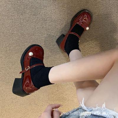 French Loafers Spring and Autumn New Thick Heel  Shoes Pearl Word with Burgundy Mary Jane High Heels Women