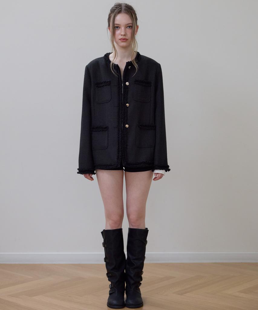 ROSEFRANTZ Fringe Pocket Tweed Jacket [Black]
