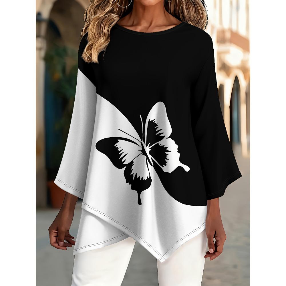 Fashion new large size crew neck T-shirt, black and white contrasting butterfly printing