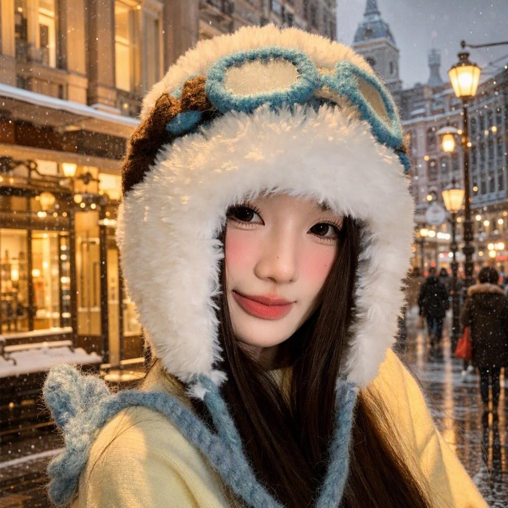 Warm Wool Beanie Hat with Glasses Pullover Cap New Winter Plush Flight Hats  For Women