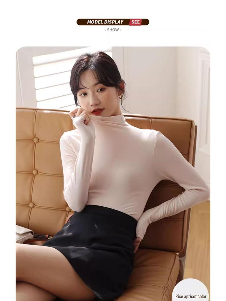 Women's Black Mid-Neck Modal Base Layer Top - 2024 Long Sleeve Slim Fit for All Seasons