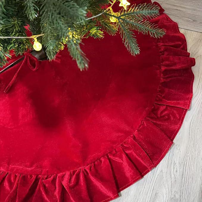 Roter Samt-Weihnachtsbaumrock mit Schleife und Rüschenbesatz