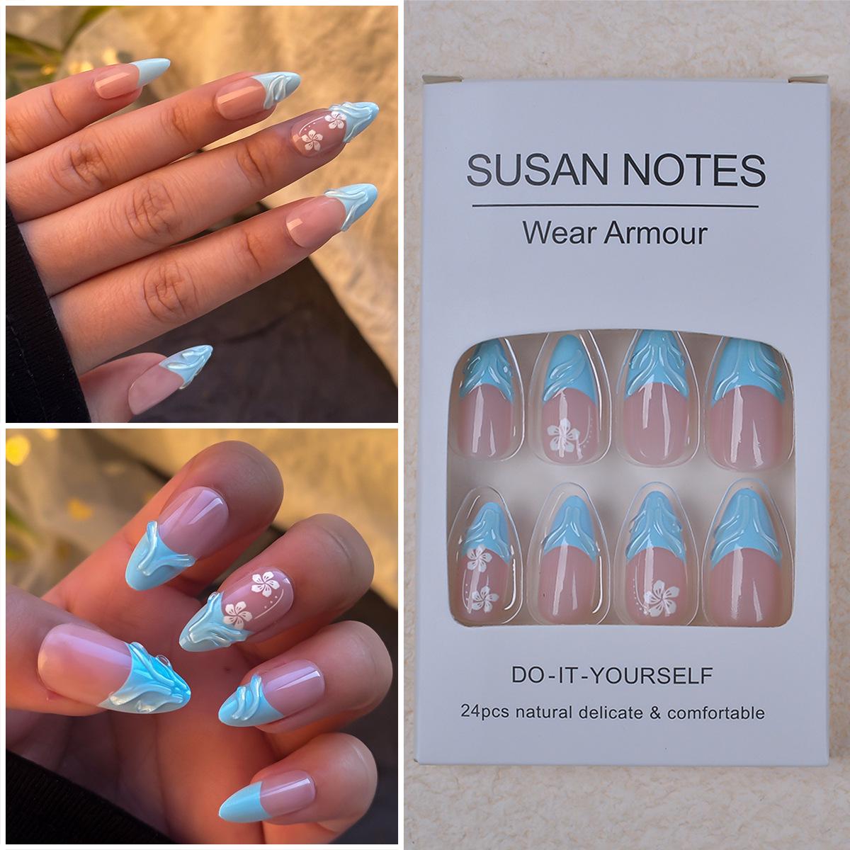 Blue Fishtail Pattern 3D Gel French Style Almond False Nails - 24 Nude Pieces