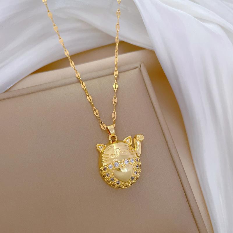 Lucky Cat Light Luxury Temperament Gorgeous Full Diamond Necklace Female Versatile Clavicle Chain Titanium Steel Chain