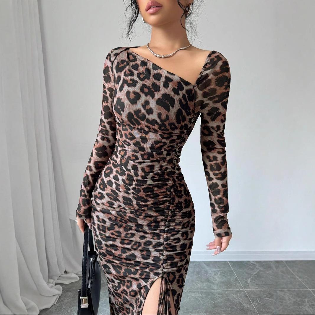 

European & American Women s Leopard Print High Waist Round Neck Dress XL