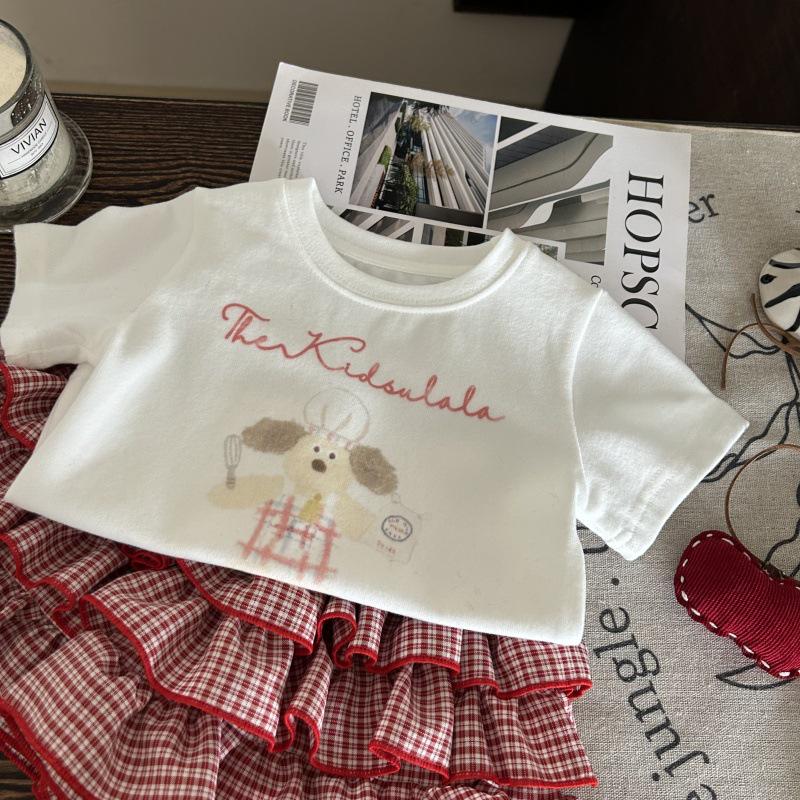 2025 Korean Style Cartoon Print T-shirt & Gingham Skirt Set for Girls - Summer Trendy Two-Piece Children's Clothing