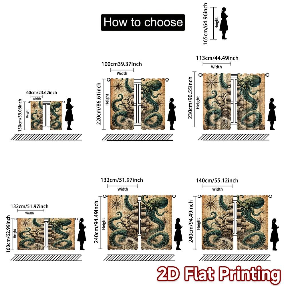 2D FLAT PRINTING 2pcs Curtains (Without Rod) Kraken Attacks Ship Modern Minimalist Curtains Machine Washable Fabric Curtains