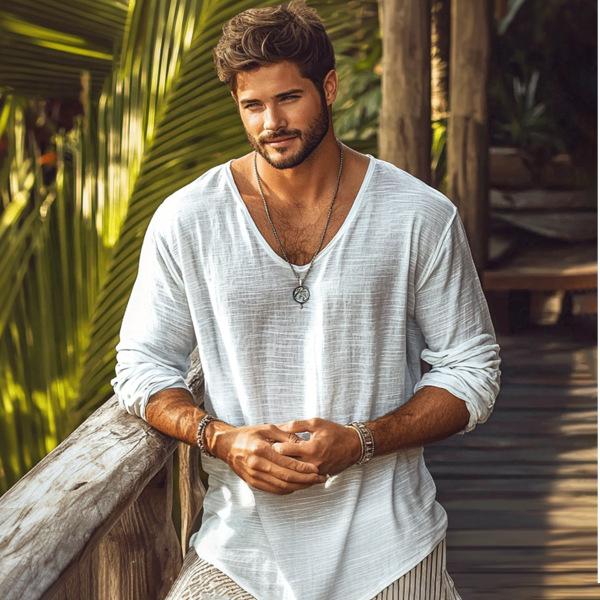 

Однотонные тонкие дышащие футболки с V-образным вырезом, повседневные, с длинным рукавом, мужские 3XL бежевый