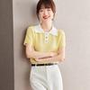 Plaid Short-sleeved Sweater Women's Front Shoulder Polo Shirt Korean Style Top