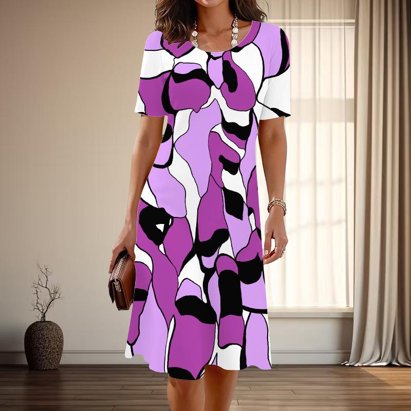 Women's Fashion Graceful Simple Print Summer Spring Short Sleeve O-Neck Casual Dresses