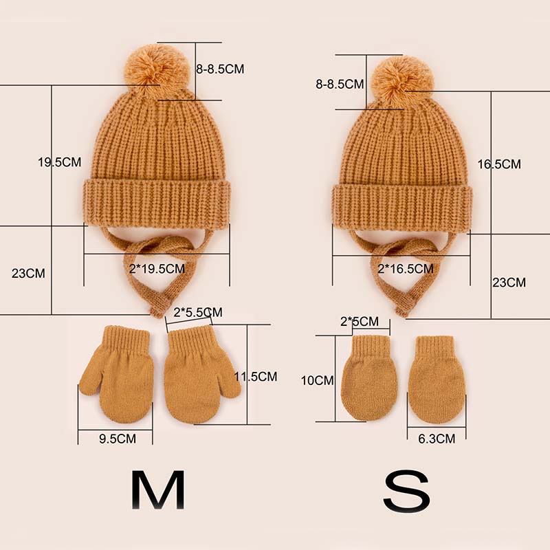 2Pcs Baby Strickmützen Handschuhe Niedliche Kinder Haarballenmütze Gehörschutzkappe Herbst Winter Einfarbig Säugling Outdoor Zubehör Set