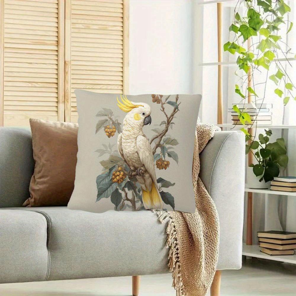 1Pc Sulphur Crested Cockatoo Pillowcase - Vibrant Single-Sided Print, 18X18 Inch, Soft Short Plush, Zipper Closure, Ideal For So