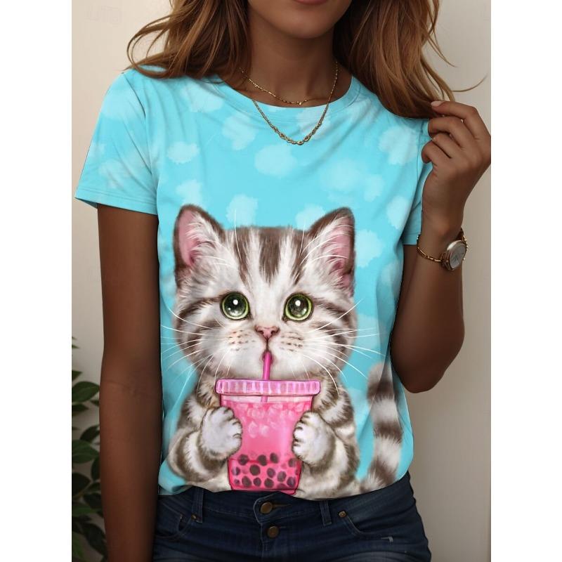 Women's Retro Cat Pattern T-shirt Cute Fashion Short-Sleeved Round Neck Top Regular Fit Daily Weekend Print Blue Summer Spring
