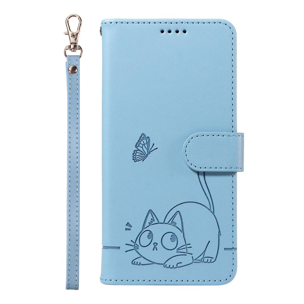 Leather Wallet Flip Case For OPPO A57S A77 A15 A15S A16 A16S A54S A17 A96 4G 5G Cat and Butterfly Embossed,Wrist Strap