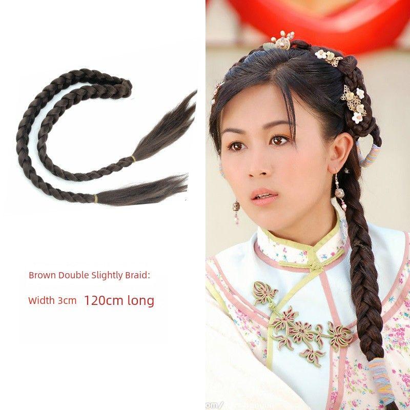Ancient Costume Wig Double-Headed Twist Braid Republic of China Student Big Braid Chinese Bride Xiuhe Style Coiled Hair Wig Long Braid