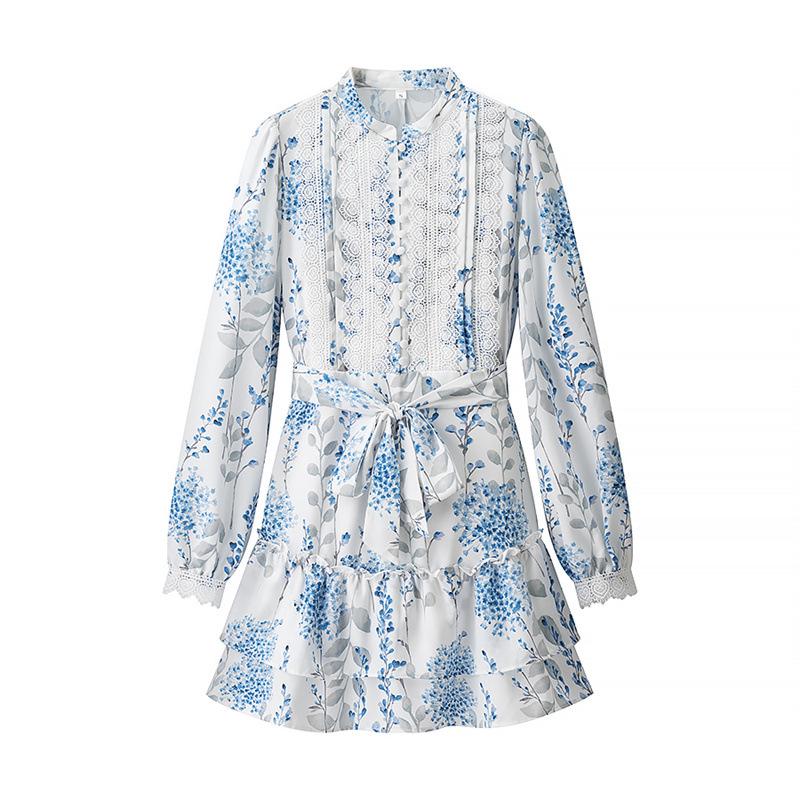 

2025 Autumn European-American Women s Blue & White Floral Ruffled Dress with Stand Collar & Puff Sleeves Extra Small